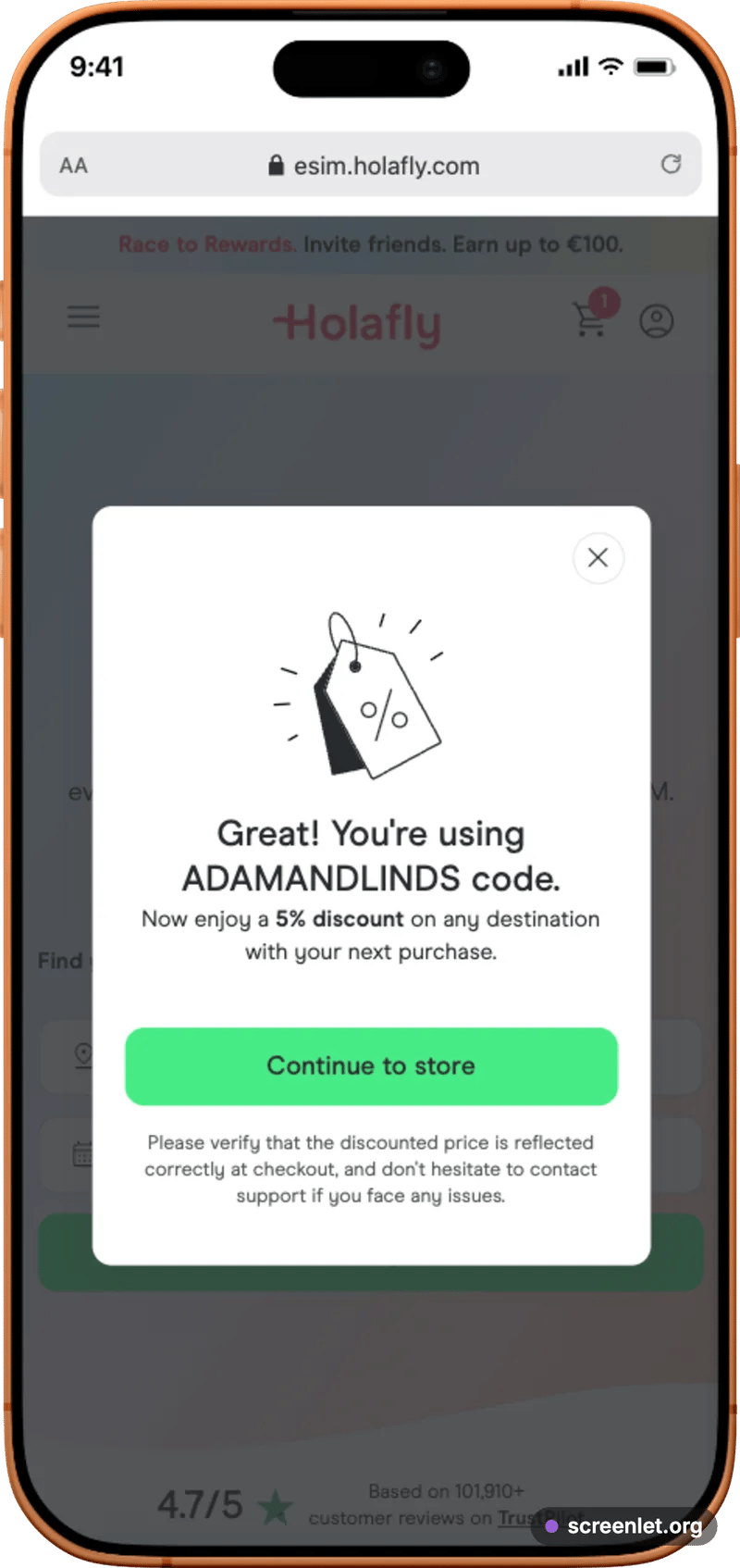 Holafly checkout on an iPhone with the ADAMANDLINDS discount code accepted and the discount visible in the order total