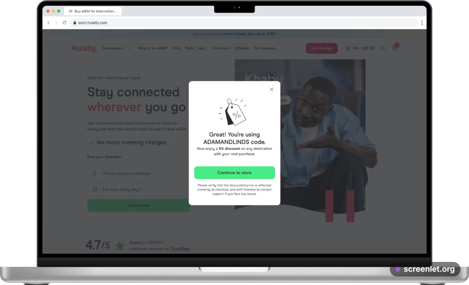 Holafly checkout on a MacBook with the ADAMANDLINDS discount code applied and the reduced total showing in the order summary