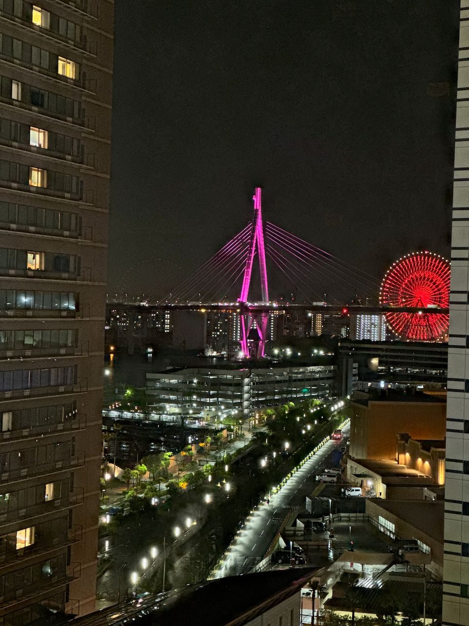 A nighttime cityscape view from a high-rise apartment in Osaka, showing a pink-lit cable-stayed bridge in the middle distance and a large red illuminated Ferris wheel to the right.
