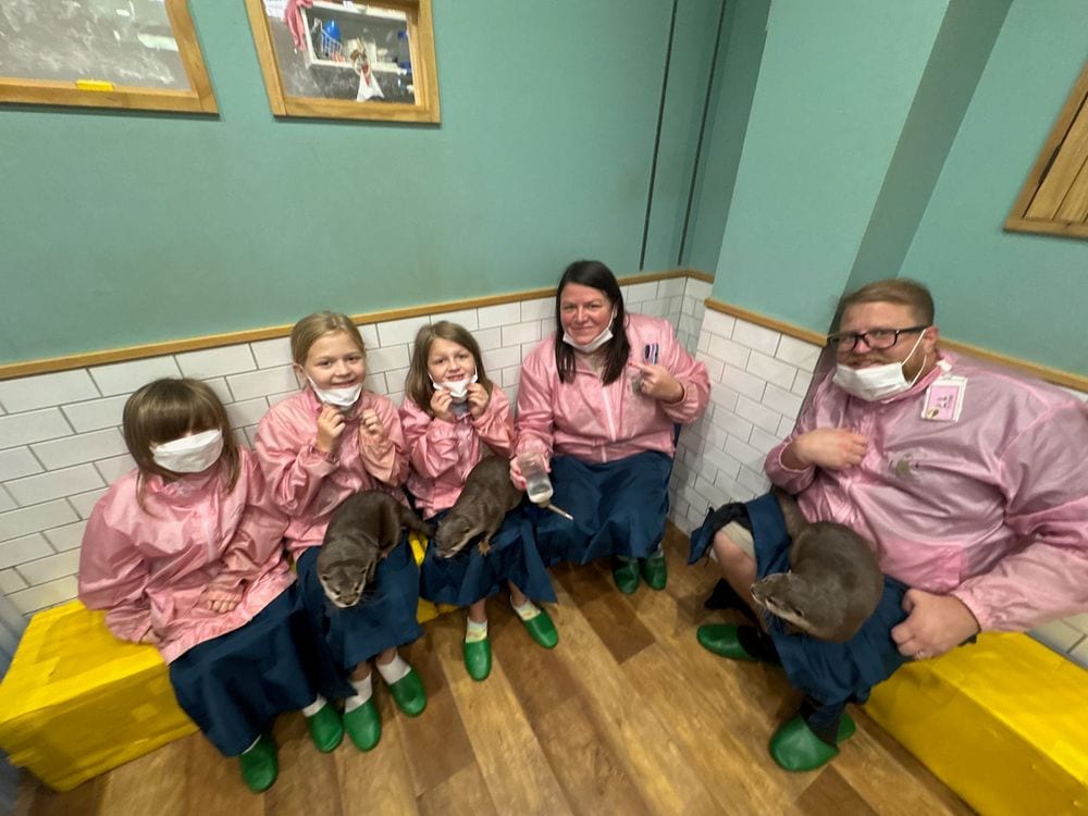 A family of five wearing matching pink smocks and rubber boots hold small otters in their laps at an animal cafe in Shibuya