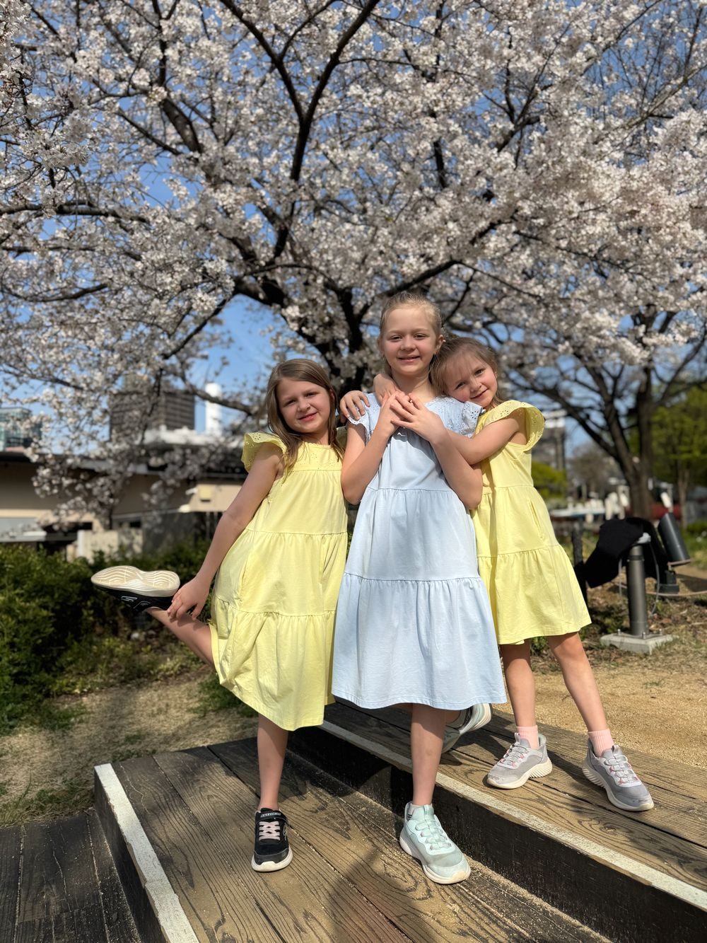 Lily, Cora, and Harper stand together on a wooden platform in front of a full cherry blossom tree at Ogimachi Park in Osaka, wearing yellow and light blue sundresses.