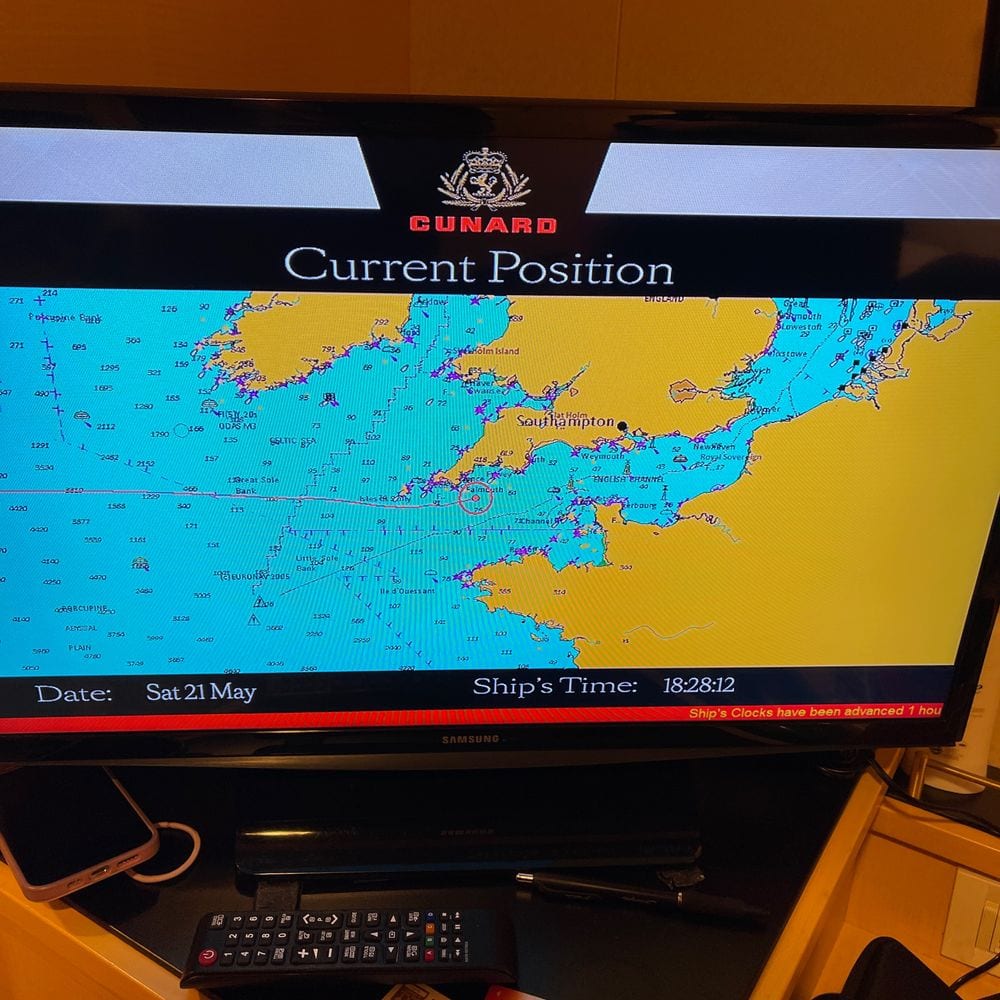 The Queen Mary 2 in-cabin TV navigation screen showing the ship entering the English Channel