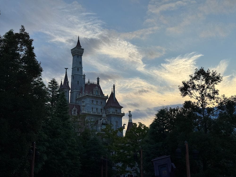A gothic Disney castle rises above darkened tree silhouettes against a pale sunset sky with wispy clouds at Tokyo Disneyland.