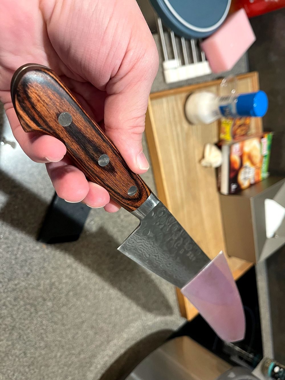A hand holds a Japanese chef's knife with a dark wooden handle and visible rivets, with a kitchen counter blurred in the background.