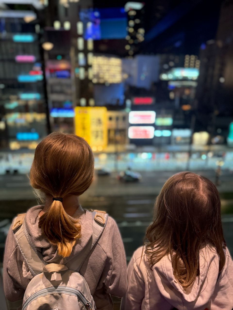 Two of the girls seen from behind looking out over a brightly lit Osaka intersection at night