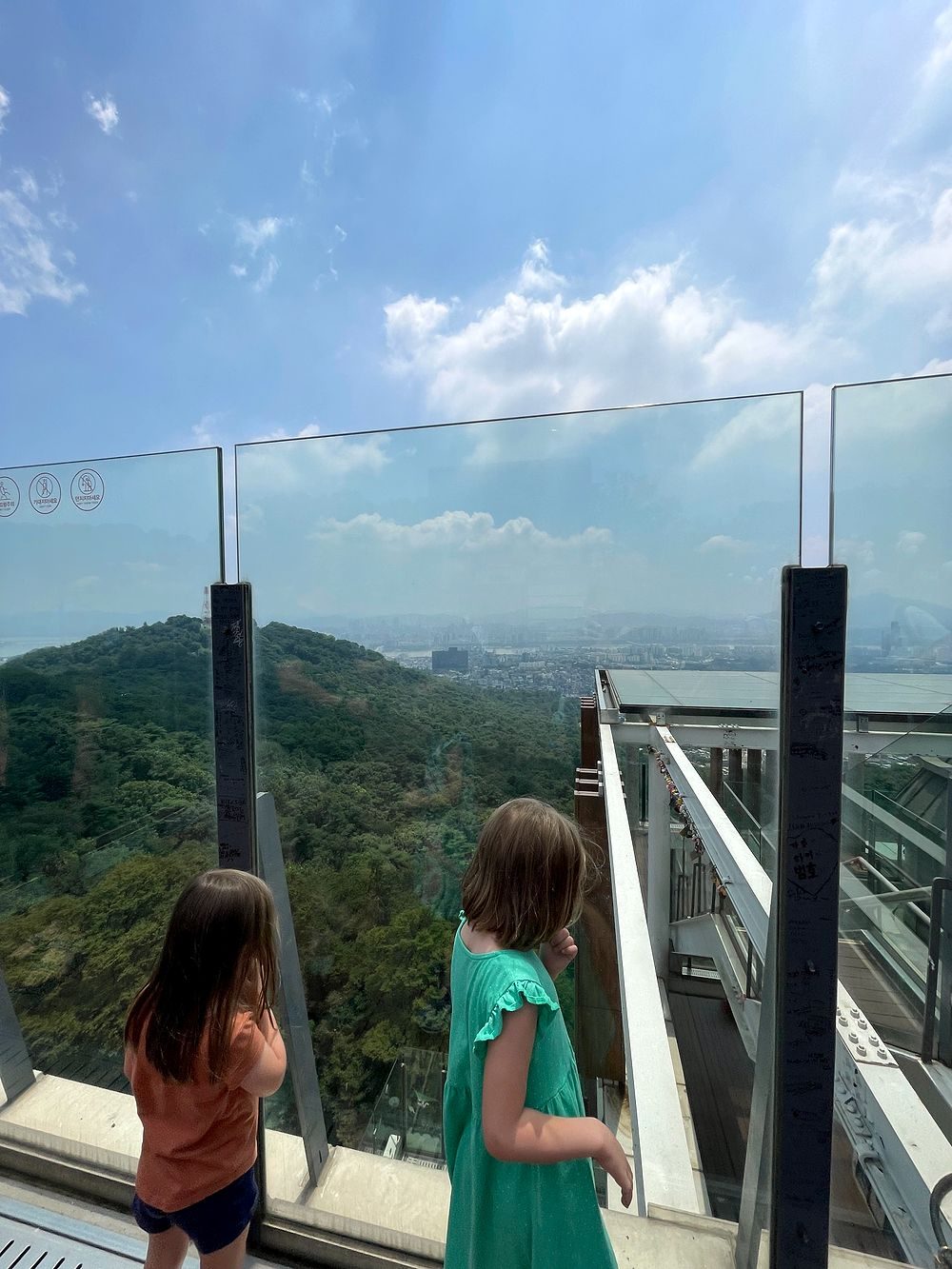 Two girls at the glass railing of the N Seoul Tower observation deck looking out over forested hills and the hazy Seoul skyline