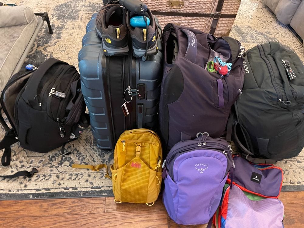 Seven bags laid out on the floor, everything the family of five packed for the start of full-time travel